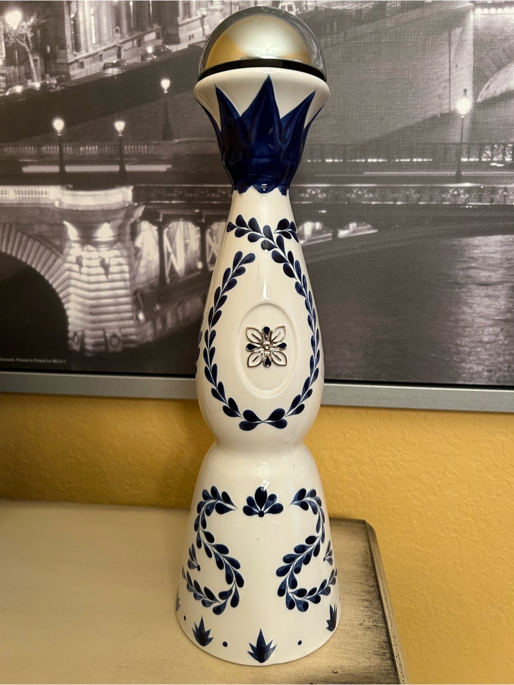 White Ceramic Decorative Bottle with Blue Floral Accents